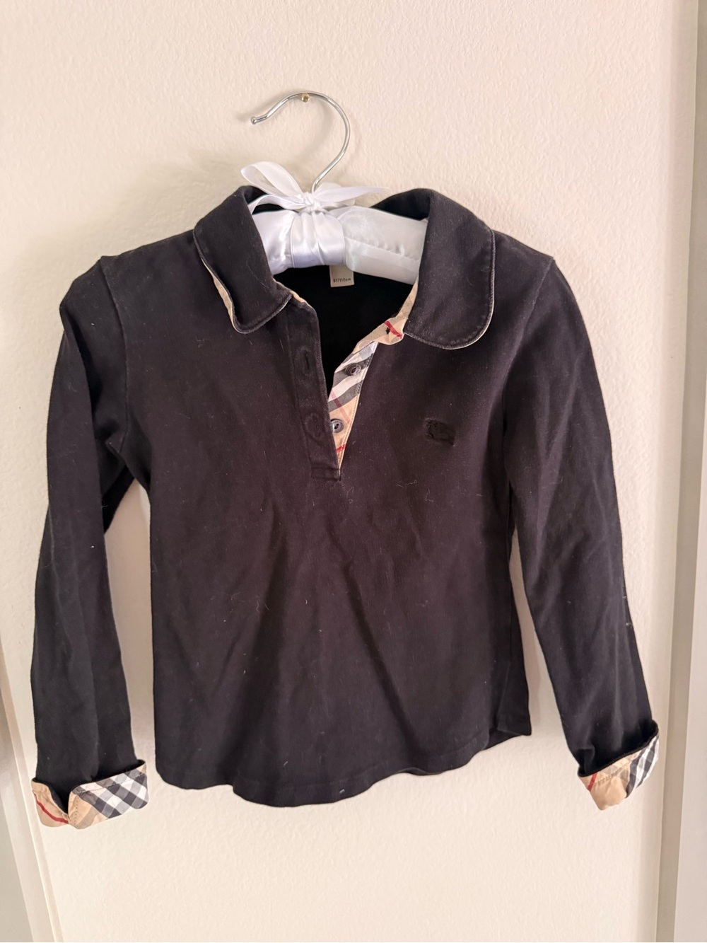 Burberry Kids 5t Black Long-Sleeve Polo with Signature plaid Trim